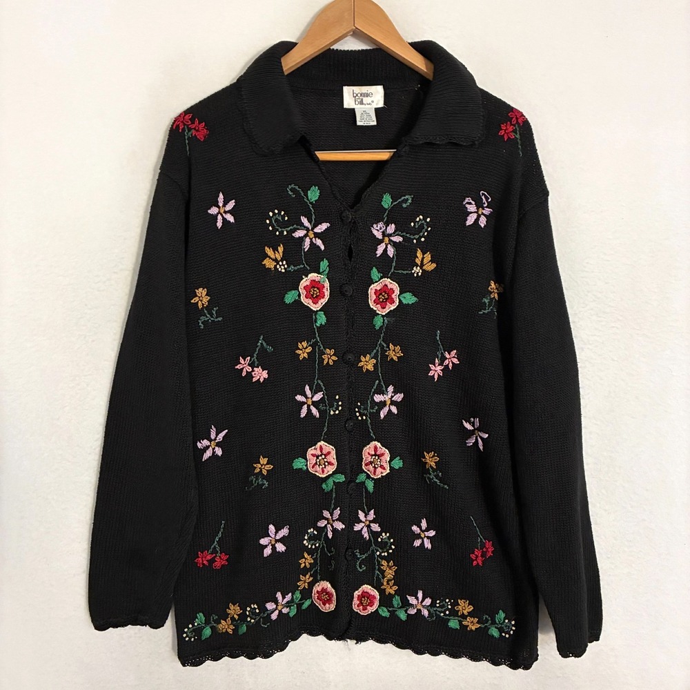 Vtg Bonnie & Bill by Holly Cardigan Sweater Womens Size‎ XL Embroidered Floral